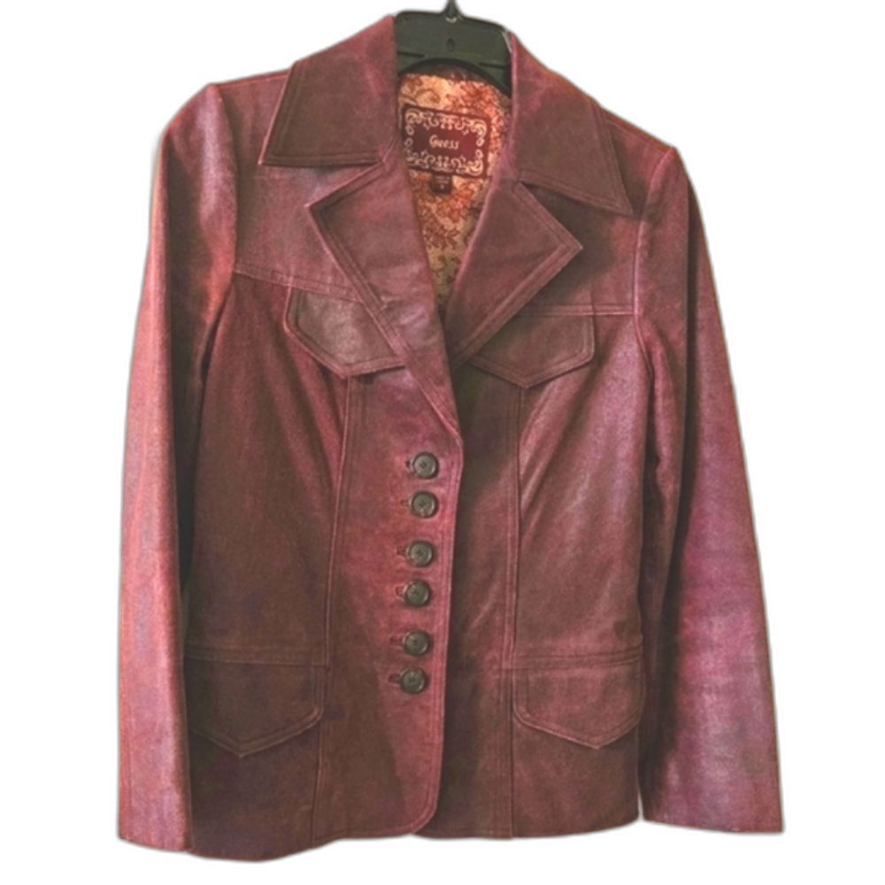 Y2K GUESS Suede Leather Jacket Women Size S Plum/Burgundy/Ox Blood 90s Vintage
